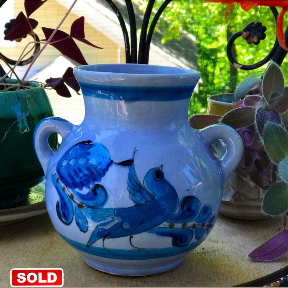 Blue Bird Mexican Folk Art Pottery Vase
